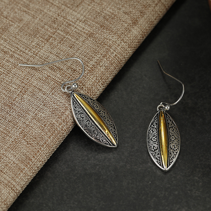 Women's Vintage Silvery Leaf Dangle Earrings, Two-Tone Pendant